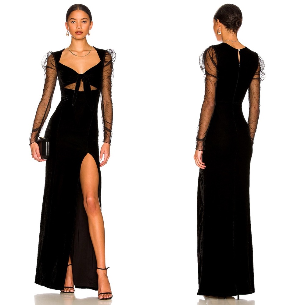 NEW NWT Majorelle Maya Sheer Long Sleeve Velvet Gown In Black